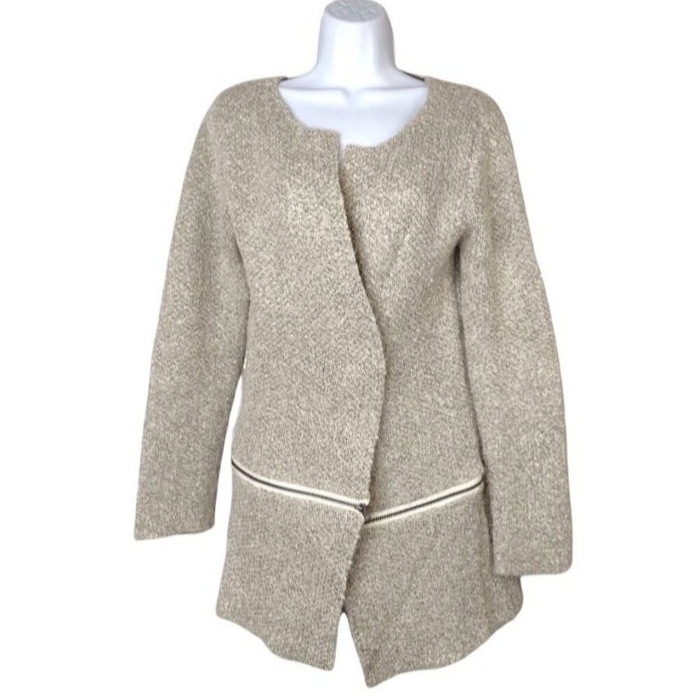 PATRIZIA LUCA MILANO Zip Detail Knit Midi Cardigan Sweater Sz S Melange Beige